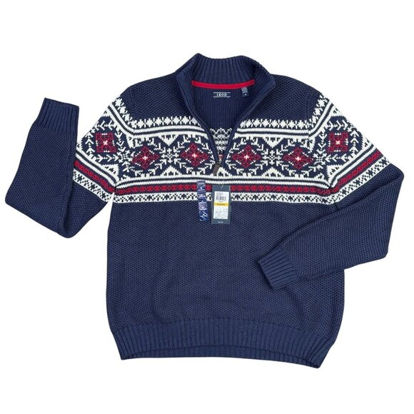 Izod Other - Izod 1/4 Zip Sweater Mens M Nordic Print Mock Collar Navy Blue Holiday Christmas